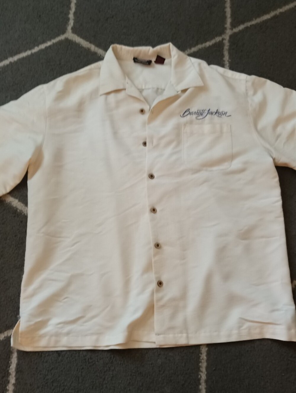 Barrett Jackson Button Up Embroidered Beige Short Sleeve Shirt XL